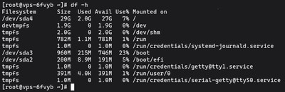 Running df -h command to monitor total disk space and storage usage on a Linux VPS