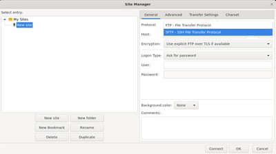 Selecting SFTP - SSH File Transfer Protocol from the FileZilla protocol dropdown instead of FTP