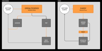 Wizualne porównanie architektury serwerów OpenLiteSpeed oraz Caddy