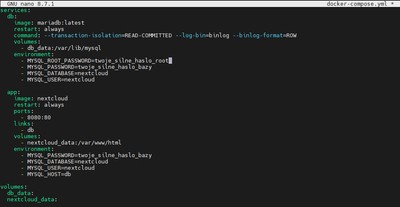 Otwieranie pliku docker-compose.yml w edytorze nano