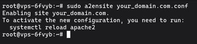 Running sudo a2ensite to enable the Apache virtual host configuration for a custom domain