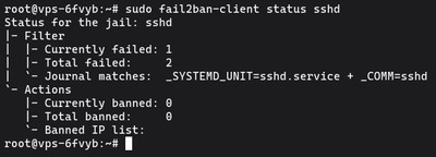 Running sudo fail2ban-client status sshd to check how many IPs are banned in the SSH jail