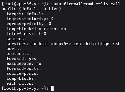 Running sudo firewall-cmd --list-all after reload on AlmaLinux to confirm the new HTTP and HTTPS rules are now active