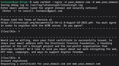 Running sudo certbot --nginx -d your_domain.com -d www.your_domain.com on Ubuntu/Debian - terminal output