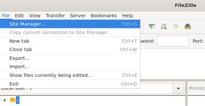 Otwieranie Menedżera Witryn FileZilla w celu utworzenia nowego, stałego połączenia SFTP z serwerem Linux VPS