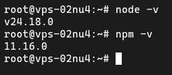 Terminal pokazujący wynik poleceń node -v oraz npm -v potwierdzający poprawną instalację