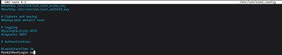 Running sudo nano /etc/ssh/sshd_config on AlmaLinux to open and edit the SSH daemon configuration file to disable root login