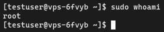Running sudo whoami command on AlmaLinux, CentOS, Rocky Linux & Fedora to test sudo access