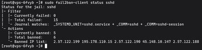 Uruchamianie sudo fail2ban-client status sshd na AlmaLinux, CentOS, Rocky Linux i Fedorze aby sprawdzić status więzienia SSH
