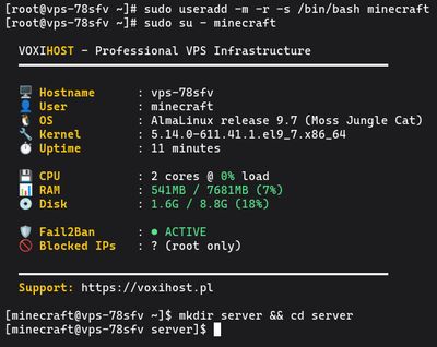 Creating a dedicated 'minecraft' user to safely host the 1.21 server
