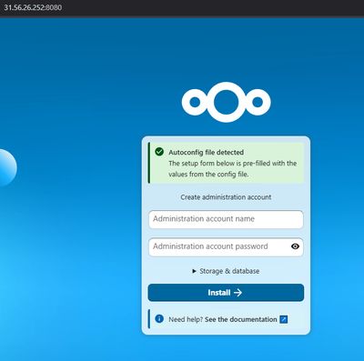 Ekran pierwszej konfiguracji Nextcloud w przeglądarce