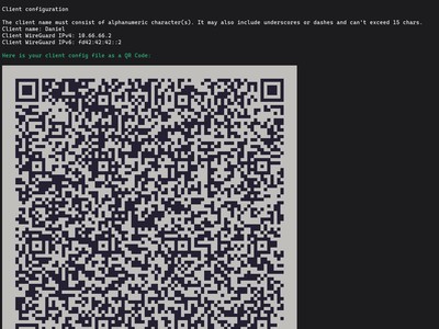 WireGuard script prompting for a client name and generating the first .conf file and QR code on Ubuntu