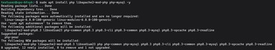 Uruchamianie sudo apt install php libapache2-mod-php php-mysql -y aby zainstalować PHP i powiązać je z Apache i MySQL na Ubuntu