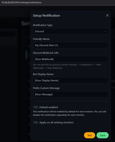 Configuring Discord Webhook notifications in Uptime Kuma