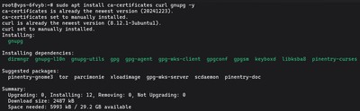 Uruchamianie sudo apt update i instalowanie ca-certificates curl gnupg wymagań dla Dockera na Ubuntu